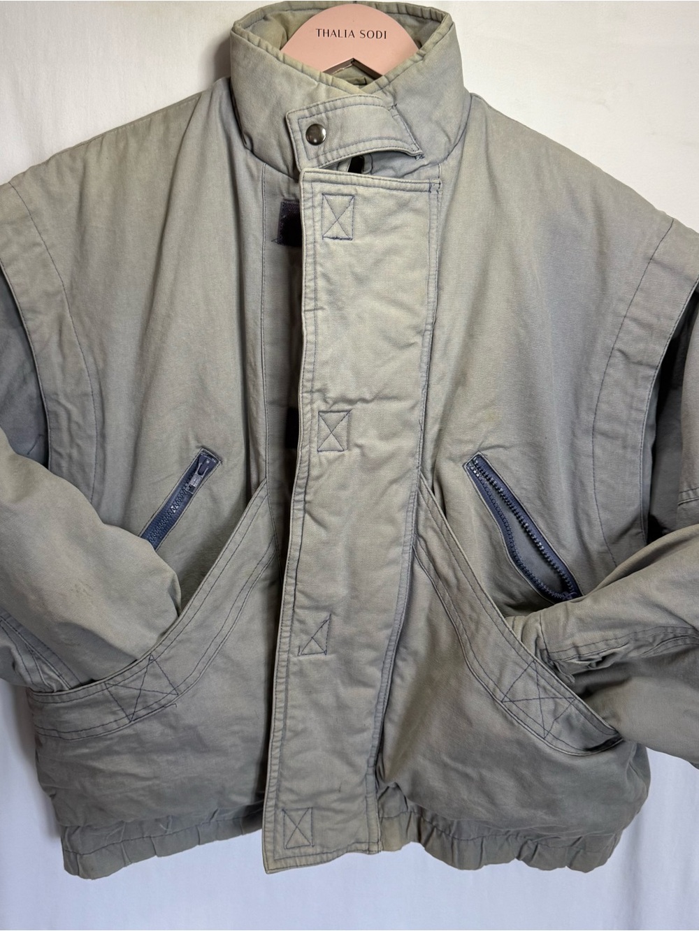 Vintage early 80s Men's Military-bomber style Jacket in Light denim with Navy